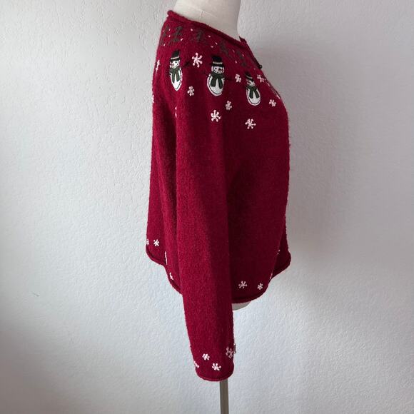 Vintage Y2K Silk & Wool Blend Zip Up Christmas Sweater Snowmen Red size PL - Picture 2 of 11